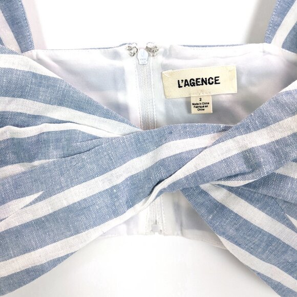 L'AGENCE Linen Striped Twisted Front Cropped Bra Top In Blue and White Size 2 - Picture 3 of 6